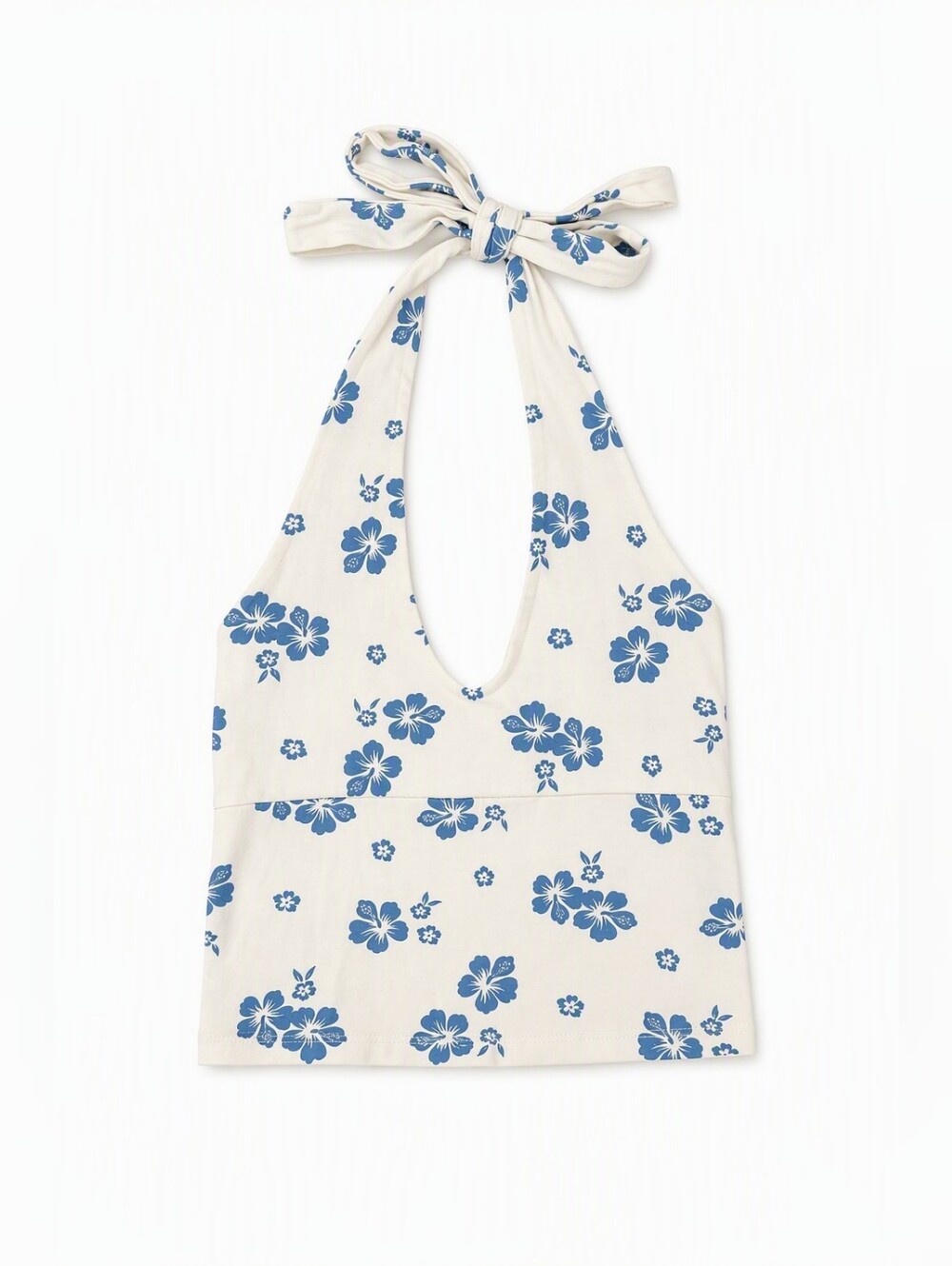 Hollister Floral Halter Tie-Back Top in White and Blue